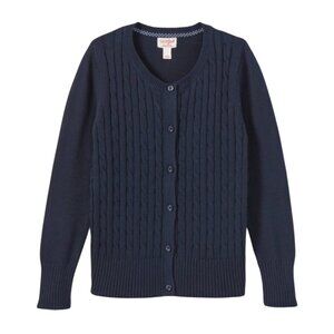 Girls Navy Blue Cable Knit Uniform Cardigan Sweater Crew Neck Button Up S M L XL